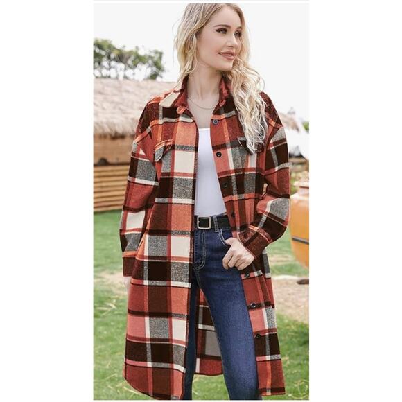 Plaid Shacket Button Wool Blend Long Tartan Trench CoatLARGE - Picture 6 of 6